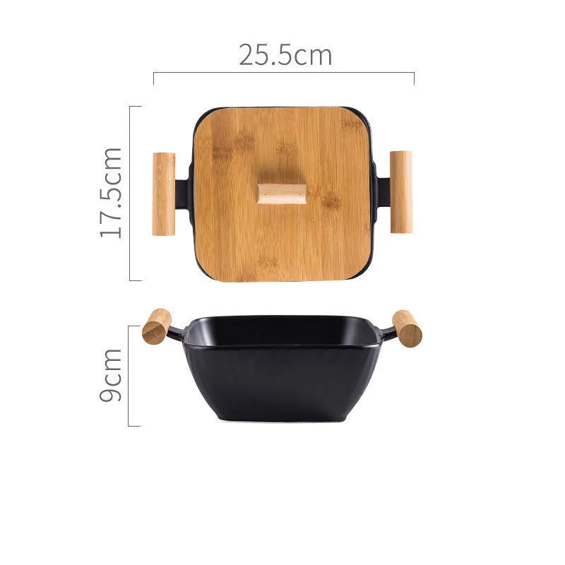 Porcelain ceramic bowl with irregular shape and matching lid in modern simple design