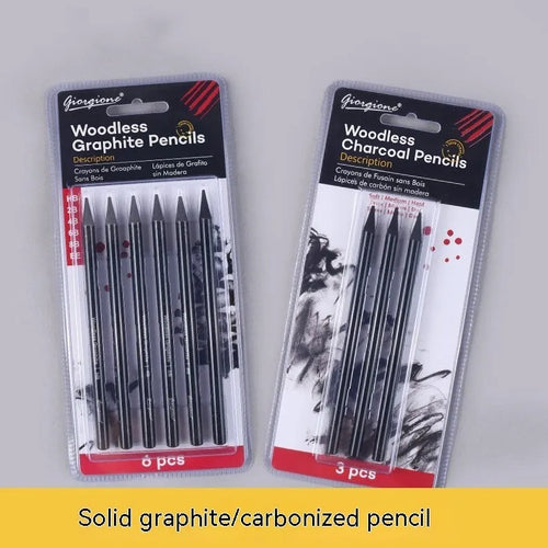 Set of nine wooden drawing pencils on a suction card, containing three carbonised and six graphite solid core pencils for artists.