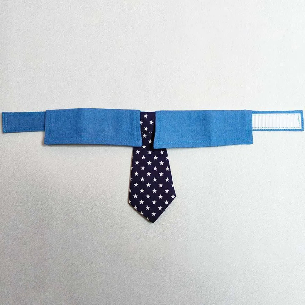 Blue denim dog collar with white star pattern necktie, adjustable fastener tape, shown in three sizes