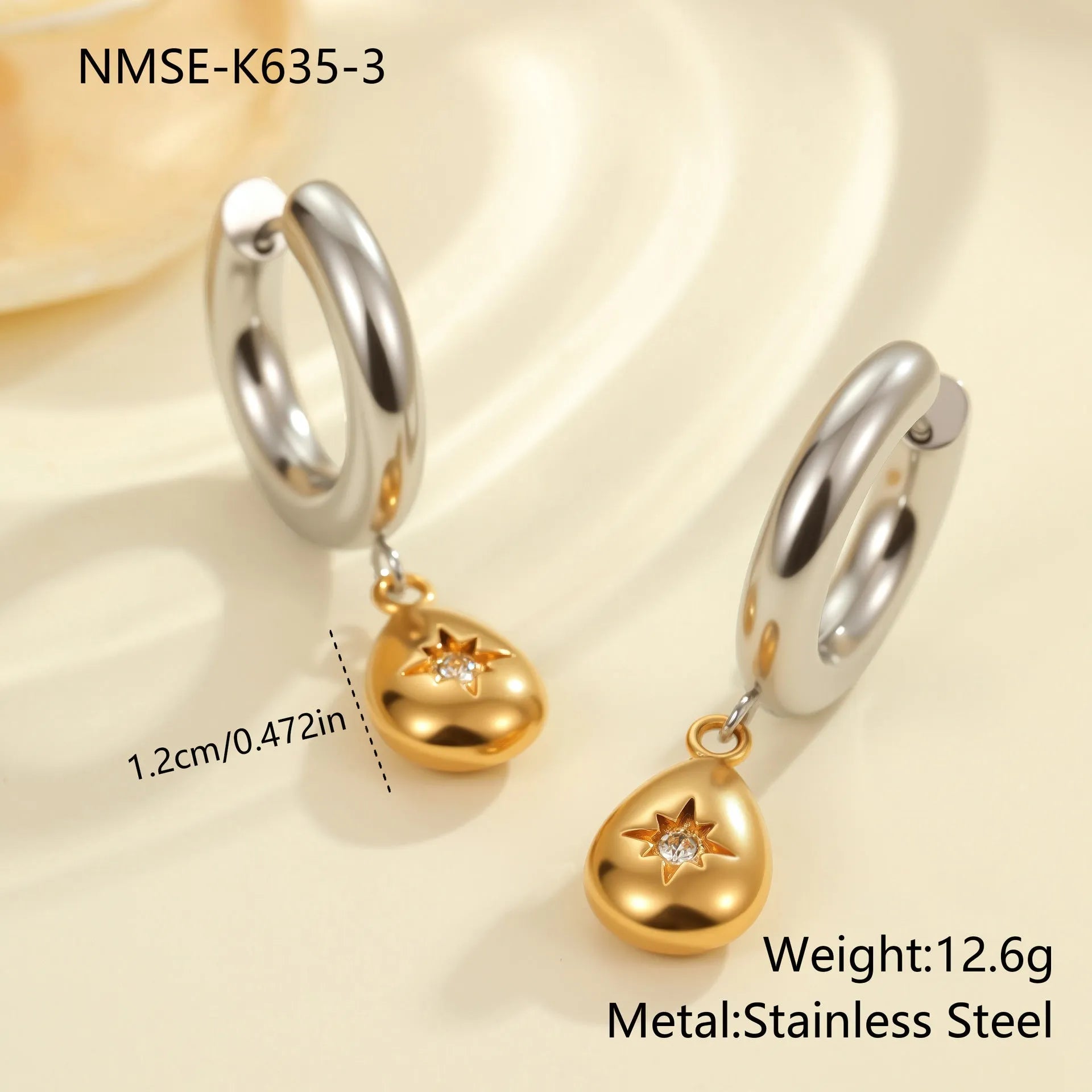 Women's stainless steel earrings with 18K gold electroplating in heart, star, and Christmas tree shapes