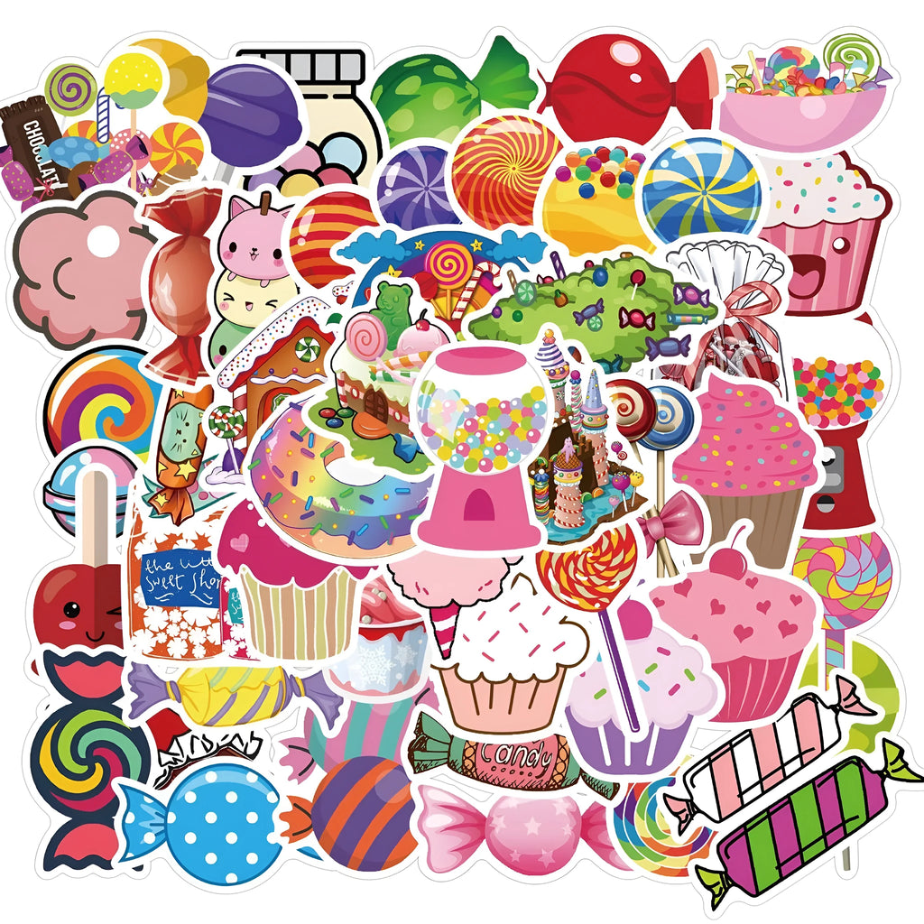 Colourful candy graffiti stickers pack showing cartoon designs and sweet-themed patterns