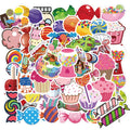 Colourful candy graffiti stickers pack showing cartoon designs and sweet-themed patterns