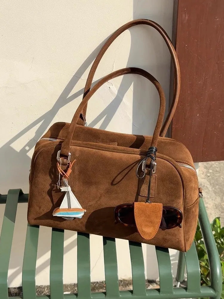 Brown suede large capacity underarm pillow bag with horizontal square shape and polyester lining