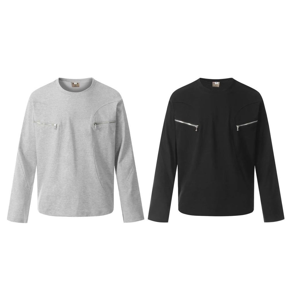 Men's grey loose fit cotton long sleeve pullover top on a hanger