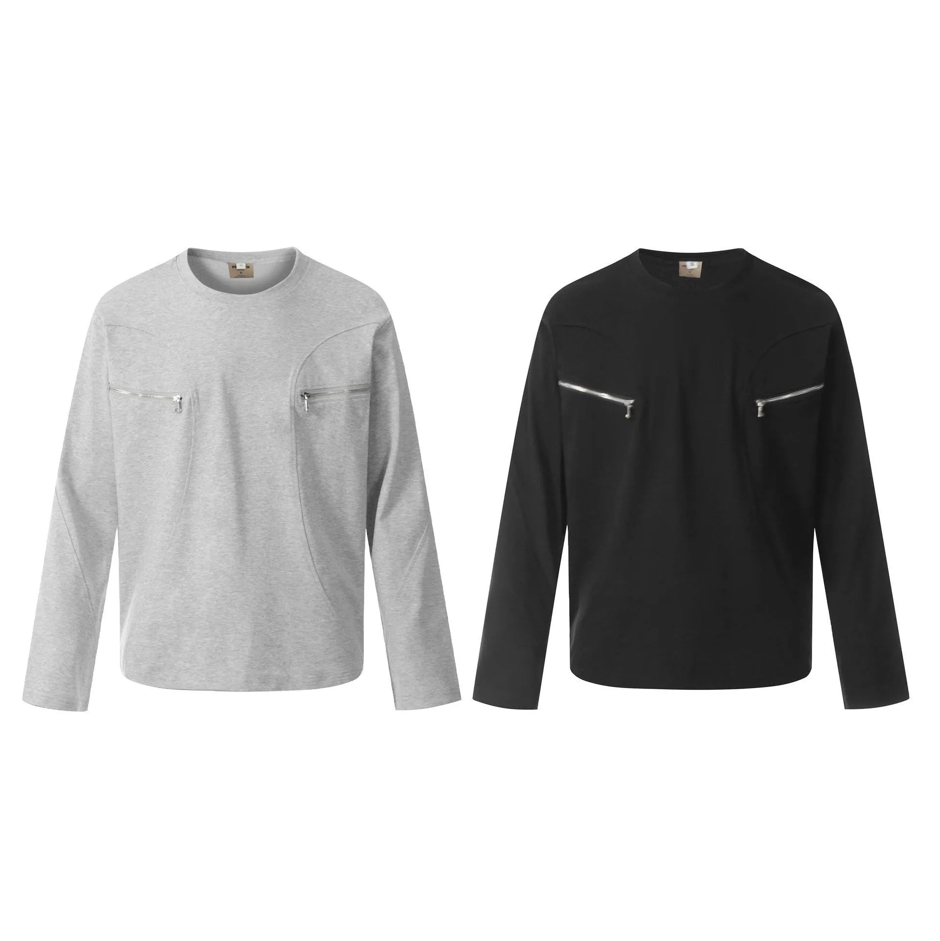 Men's grey loose fit cotton long sleeve pullover top on a hanger
