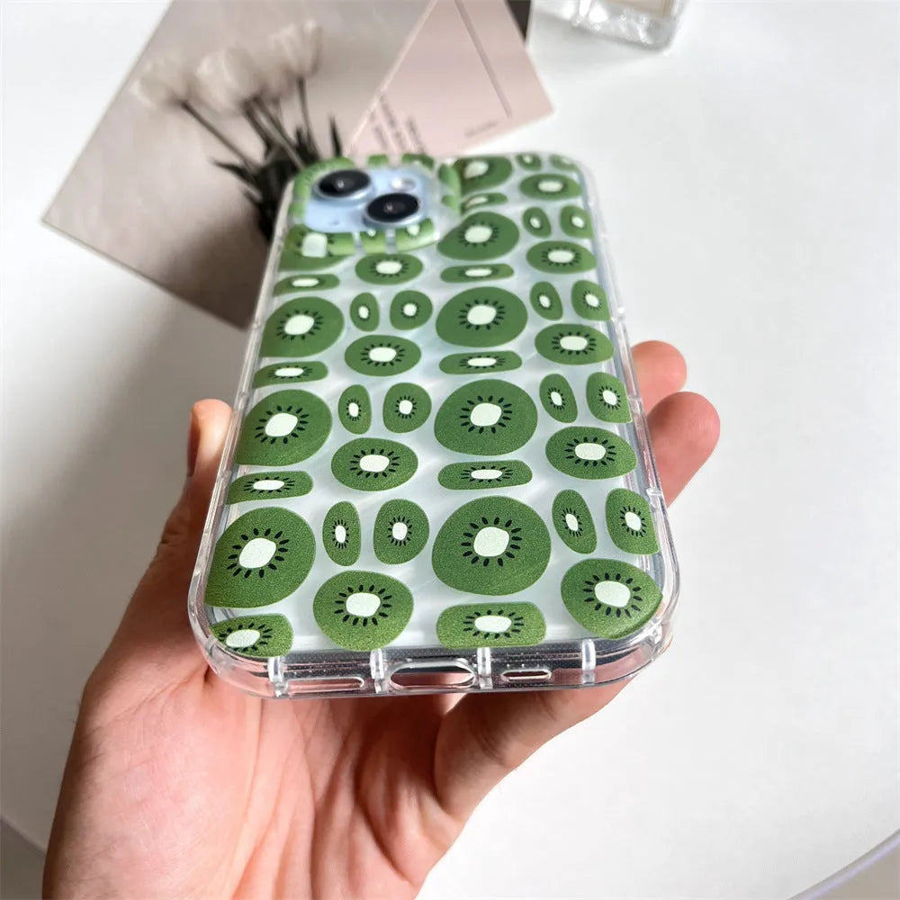 Transparent sliced kiwi fruit pattern TPU phone case for iPhone, showing kiwi green design on clear back