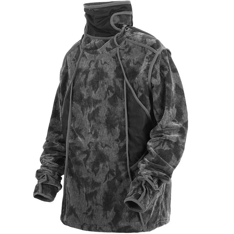 Men's black and gray tie dye print sweater with finger turtleneck and loose drop-shoulder sleeves.