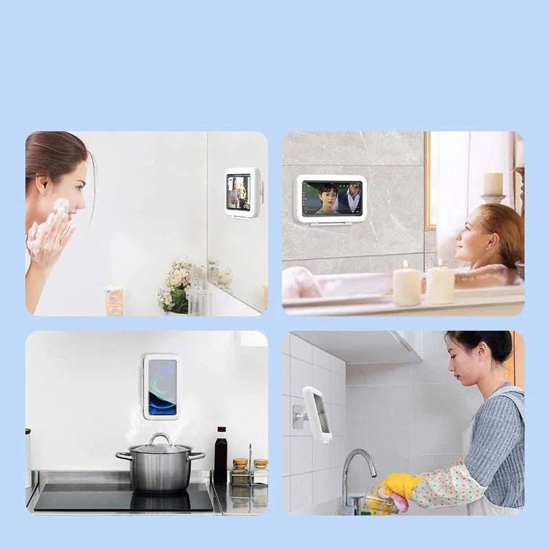 White waterproof phone holder mounted on bathroom tile showing phone inside with clear anti-fog window