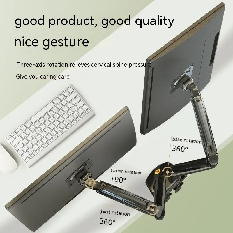 Dual monitor lifting bracket in dual screen colour, showing VESA mounting plates and aluminium alloy frame.