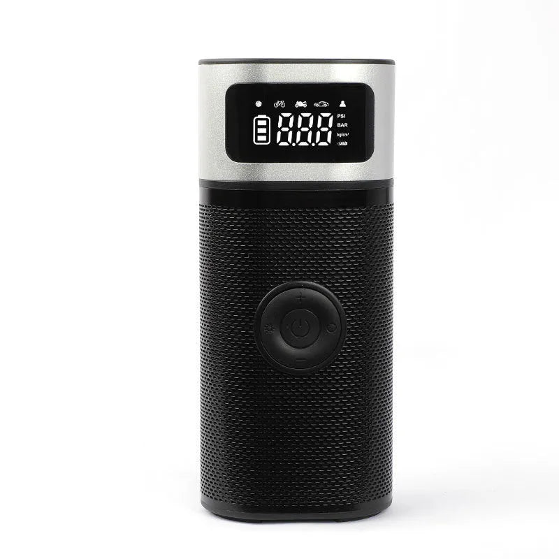 Black portable wireless air pump with USB cable and accessory nozzles for vehicles and sports equipment