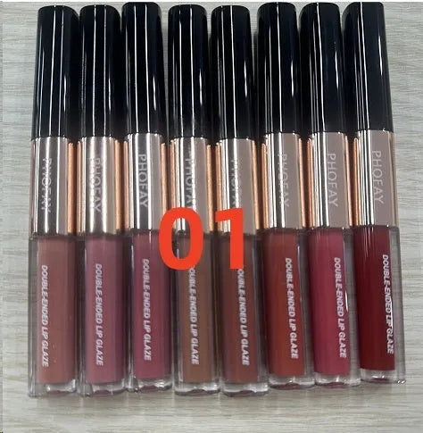 C-L021 double-head non-stick cup lip gloss showing two applicator tips and available in eight colour shades