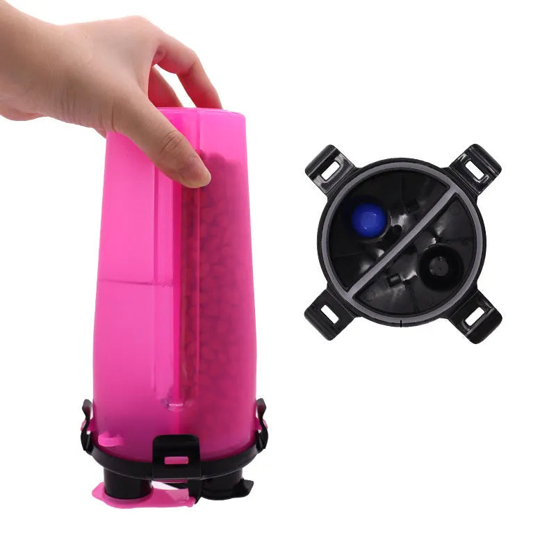 Portable 2-in-1 pet water and food cup showing water reservoir and food compartment