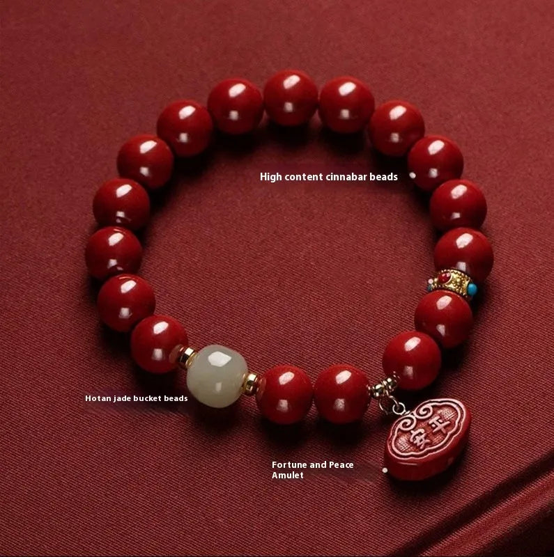 Red cinnabar bracelet with emperor sandstone carving featuring Ping An Fu Lu characters