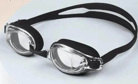 Adult swimming goggles with myopia correction lenses and a hard protective storage case.