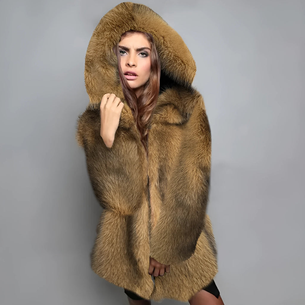 Women's artificial fur mid-length coat in silver grey with loose trendy style and regular sleeves.