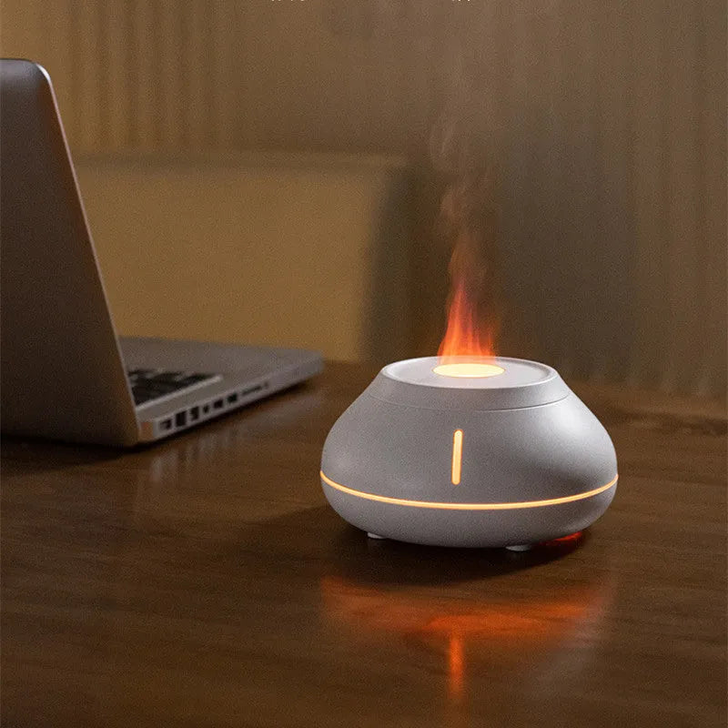 Round resin flame effect humidifier aroma diffuser with colourful LED light, 130ml tank, button control, white or black