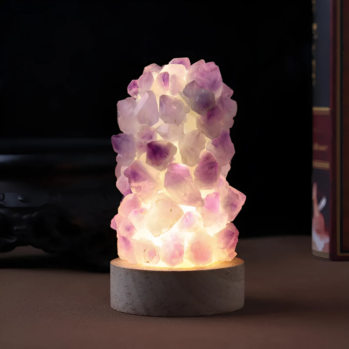 Natural amethyst mini night light with cold light illumination showing crystal vug formations