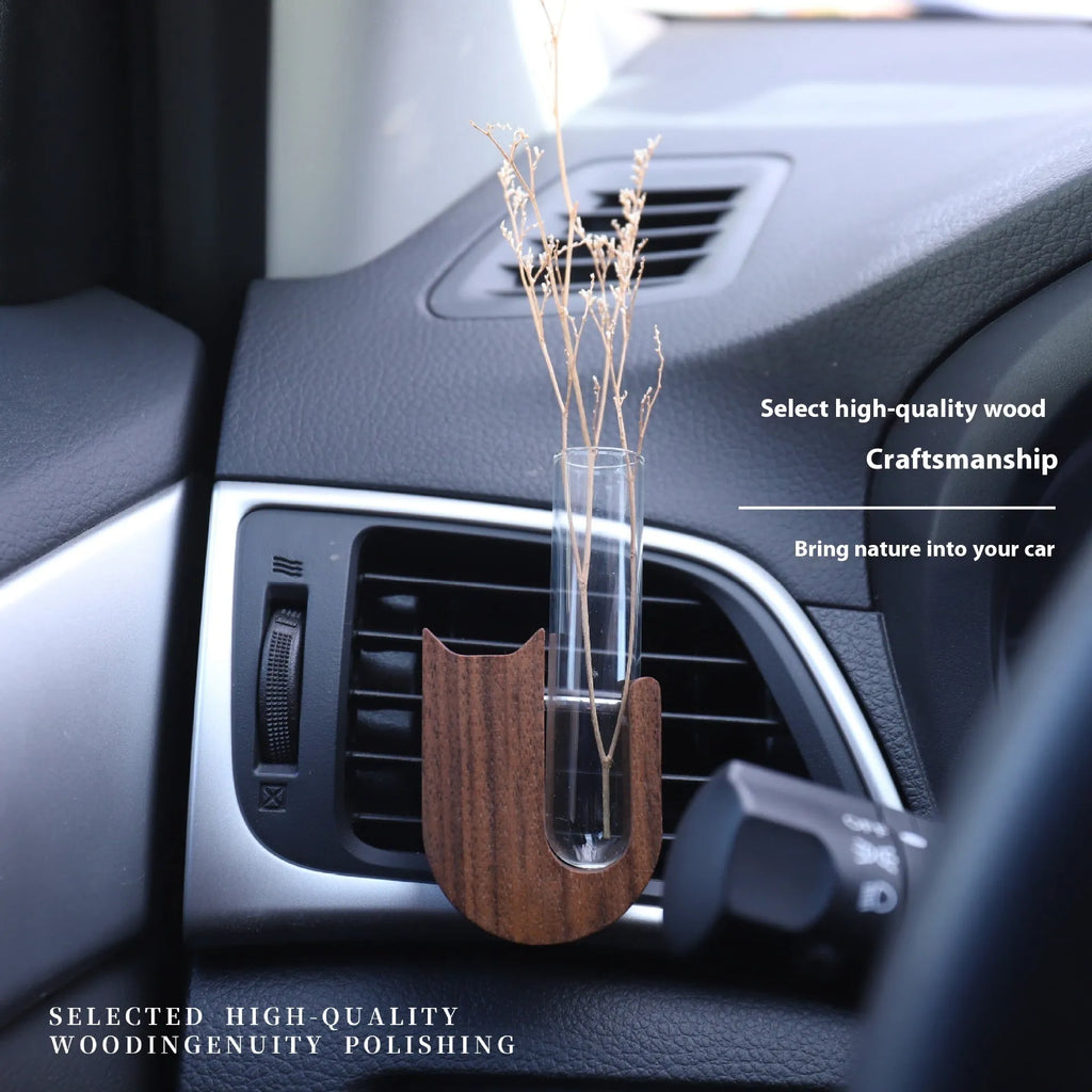 Wooden cat-shaped car vent vase in black walnut or beech with magnet or clip mount for centre console decoration