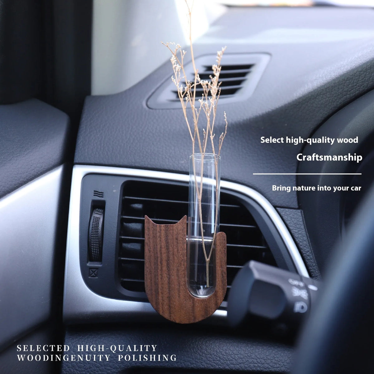 Wooden cat-shaped car vent vase in black walnut or beech with magnet or clip mount for centre console decoration