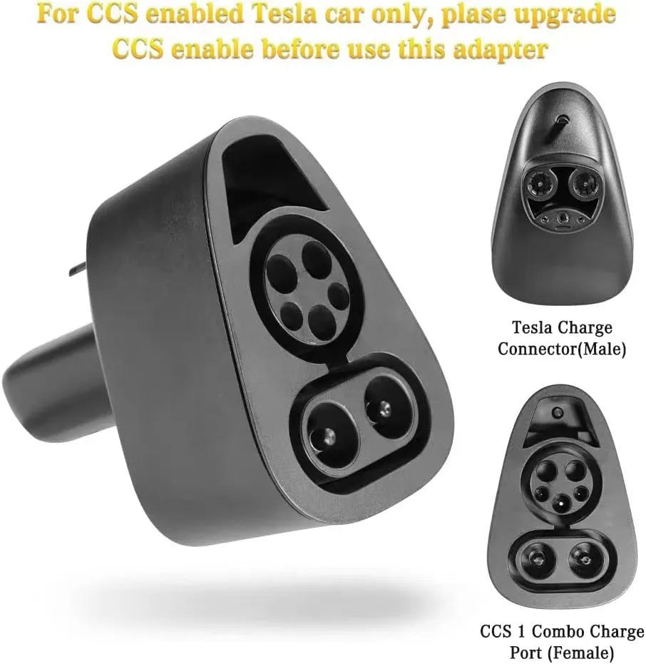 Black Tesla charging plug conversion adapter for J1772 connectors with dimensions 195mm x 96mm x 67mm
