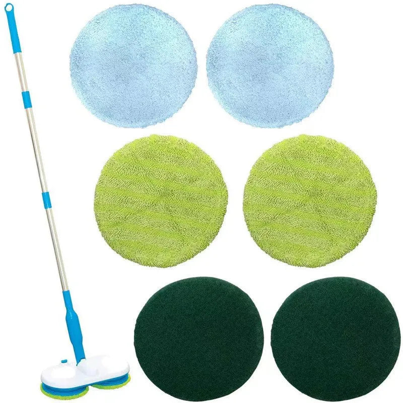 Handheld wireless electric floor mop with USB charging cable and set of washable microfiber, polishing, and scrubbing pads.