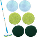 Handheld wireless electric floor mop with USB charging cable and set of washable microfiber, polishing, and scrubbing pads.