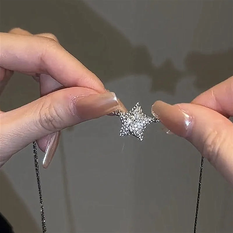 Magnetic five-pointed star necklace with rhinestones, copper electroplated pendant, water wave chain, 21-50cm