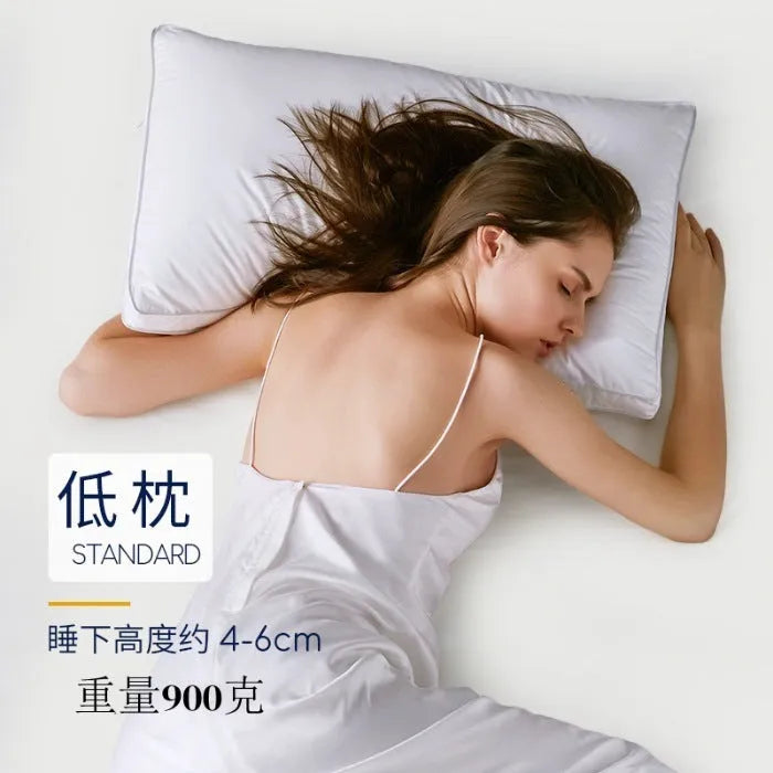 White cotton satin stripe pillow with feather cotton filler, shown in low, medium, and high loft options.