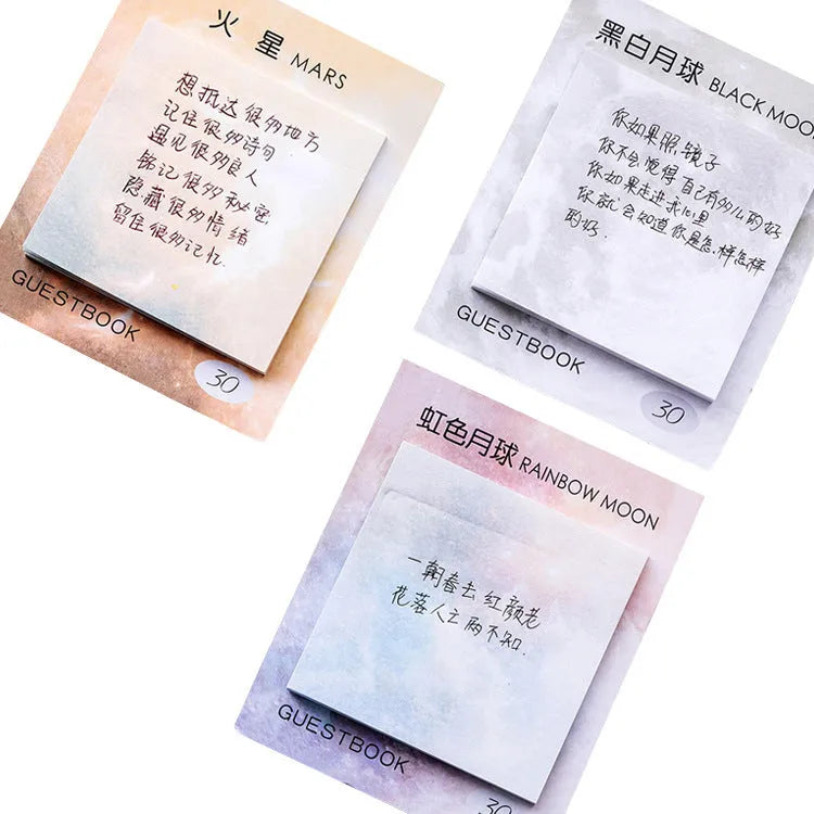 Square planet sticky notes notepad showing oil painting artwork of Earth, Mars, and moon designs.