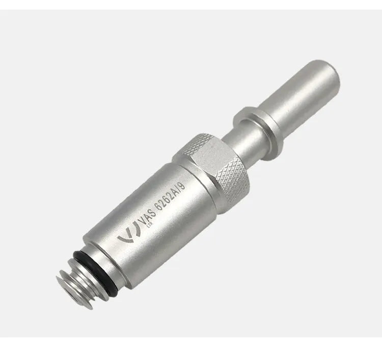 Silver metal transmission refuelling joint tool VAS6262-9 for automotive fluid transfer.