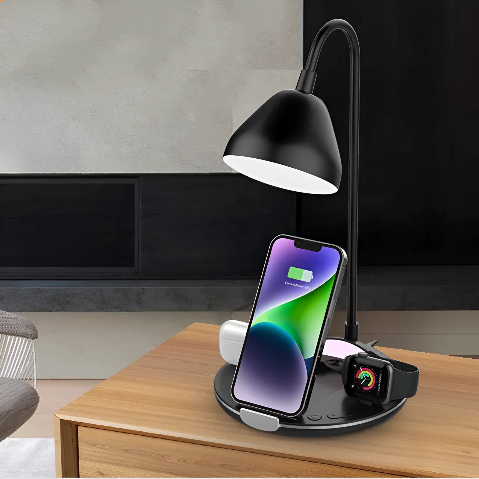 Black magnetic folding wireless charger showing adjustable angles and USB connection