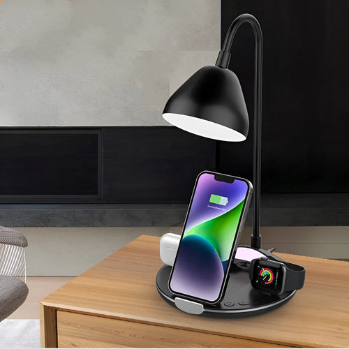 Black magnetic folding wireless charger showing adjustable angles and USB connection