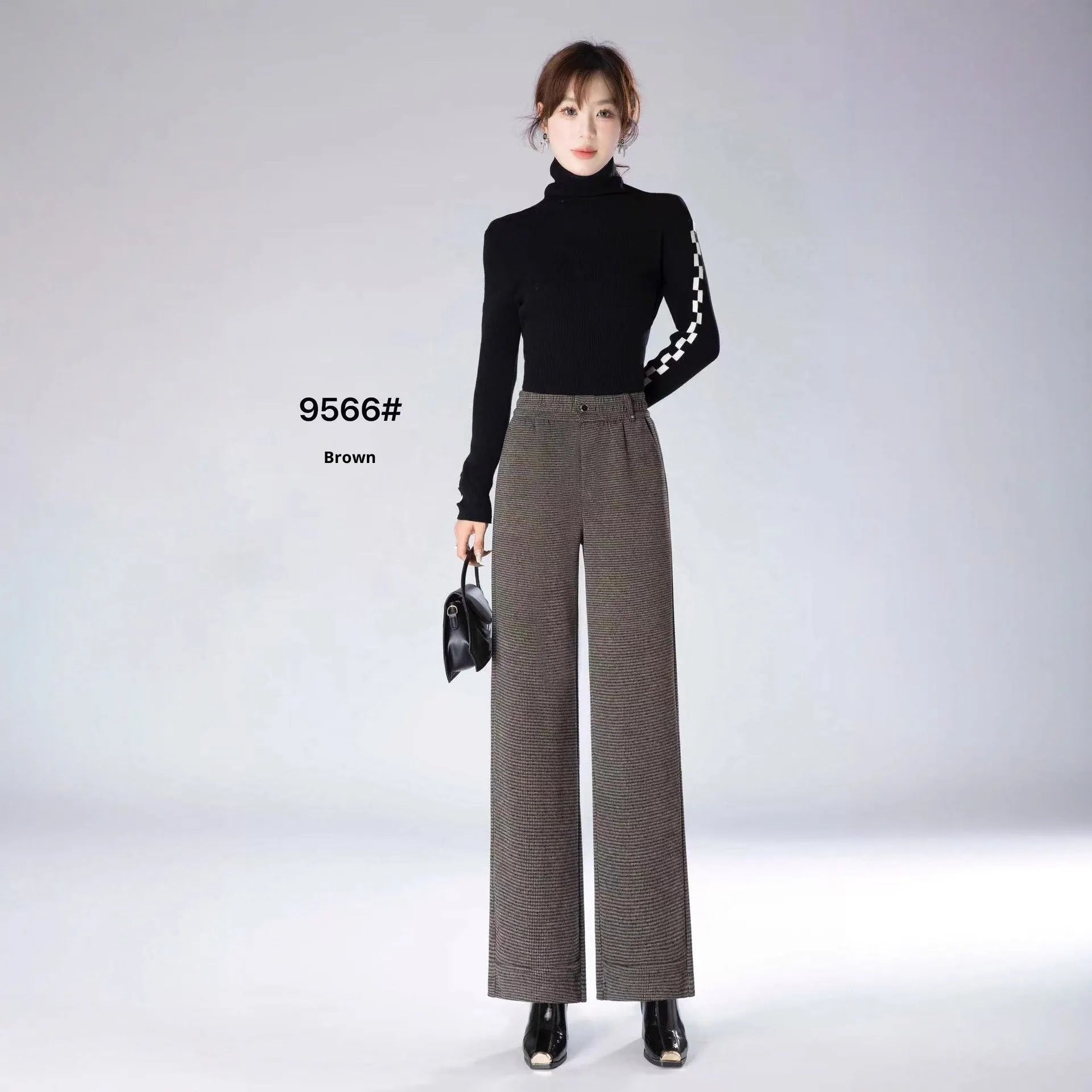 High waist loose straight pants in oatmeal colour with plaid pattern, wool and cashmere blend