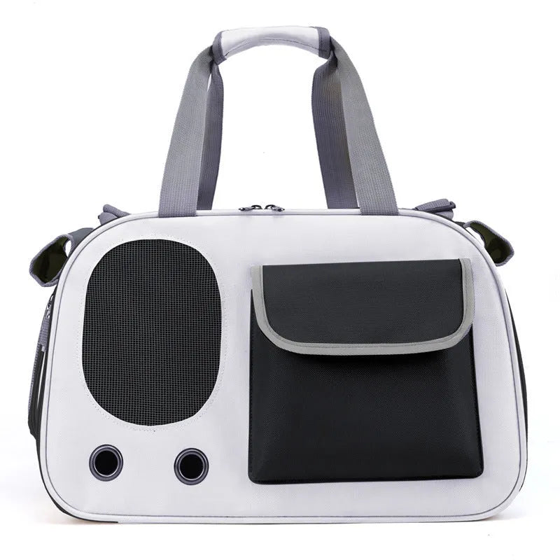 Foldable single shoulder pet carrier bag in canvas, shown in black, green, and yellow colour options.