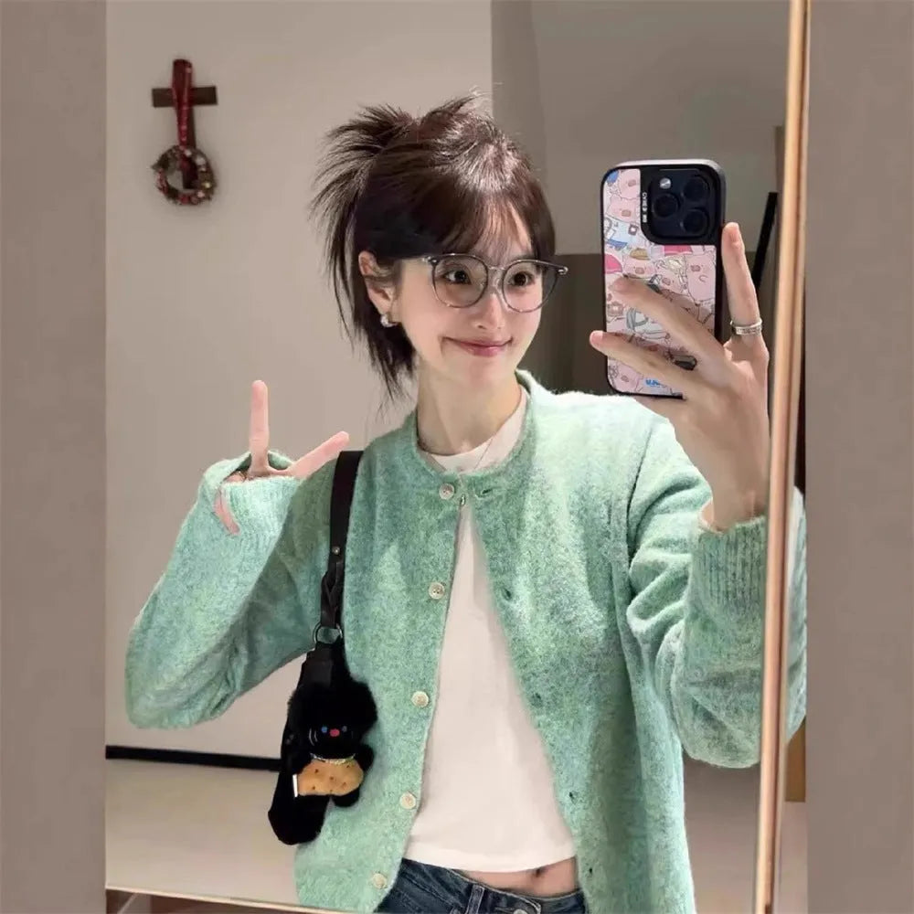 Loose cardigan top for women with splicing details in polyester knit fabric, free size, long sleeves