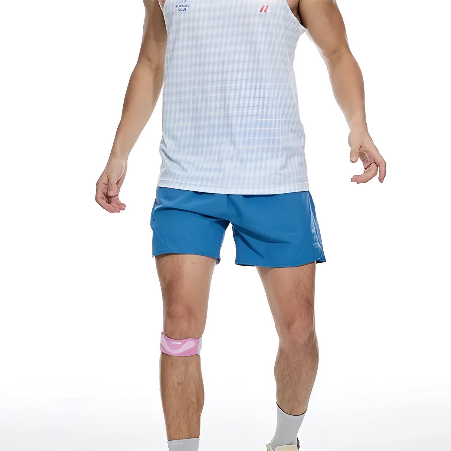 Black and blue four-point stretch running shorts with laser punching stitching on a mannequin.