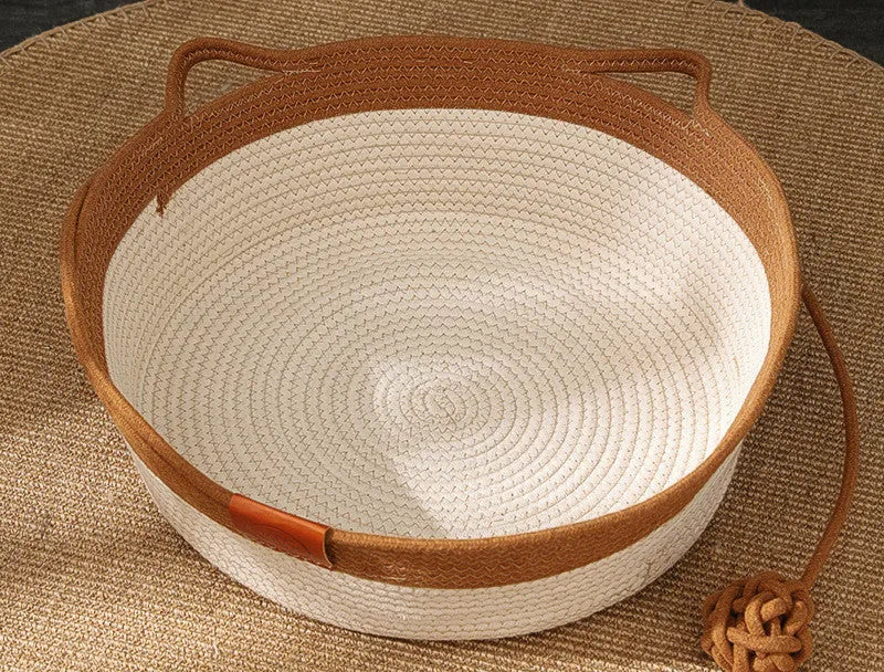 Grey cotton rope and rattan cat nest with optional cushion, small 35cm size