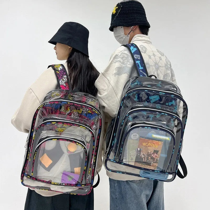 Transparent PVC waterproof backpack in grey with a visible black voile inner bag inside.