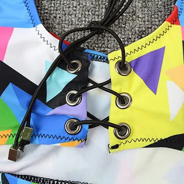 Women's checkered cross strap bikini set with high-waisted shorts