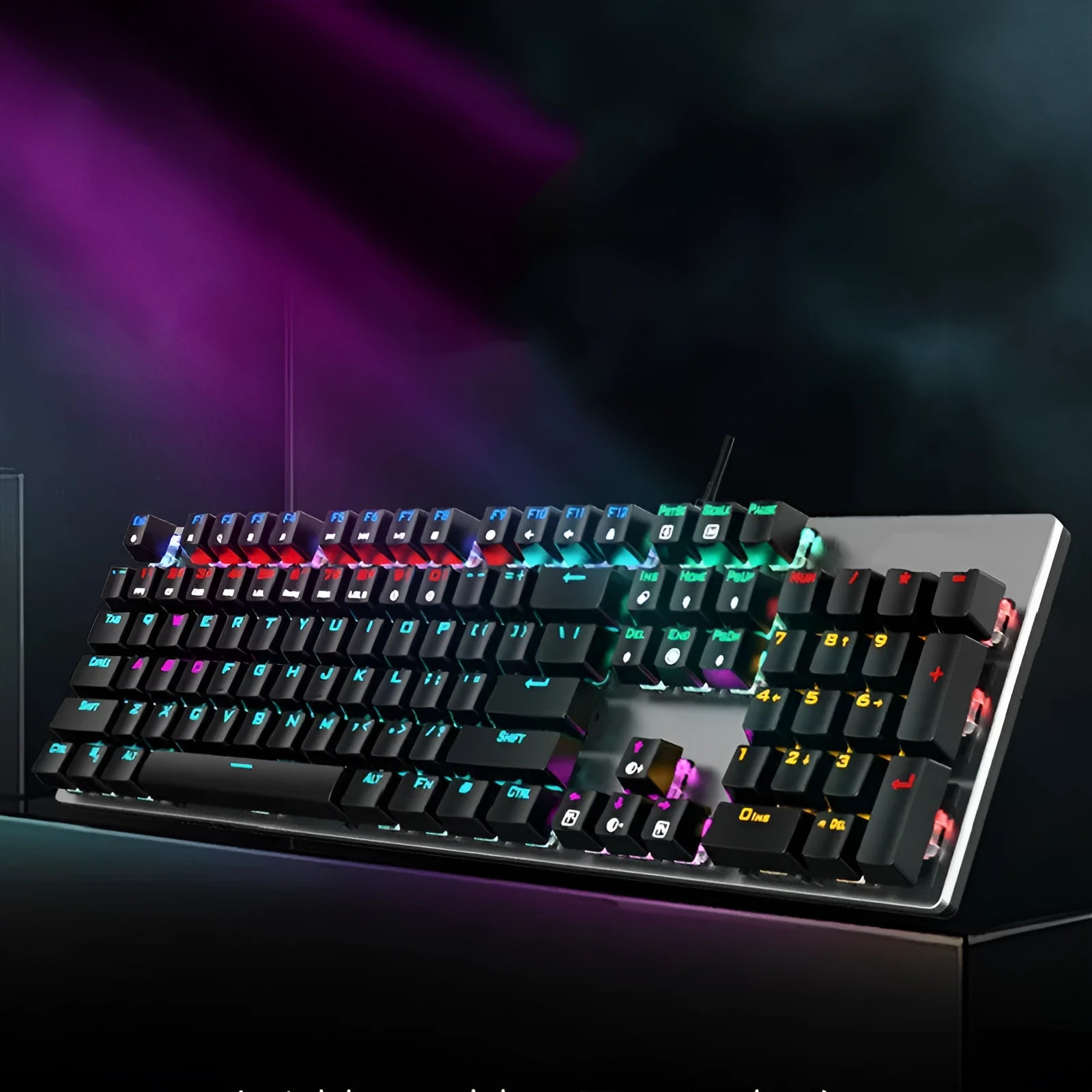 GK410 mechanical keyboard with USB cable showing metal construction and 104-key layout