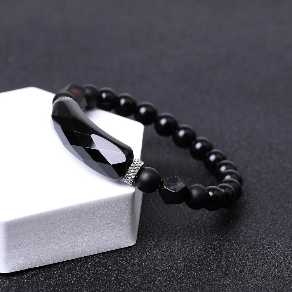 Handmade diamond-cut geometric agate bracelet with faceted beads and fan-shaped design elements