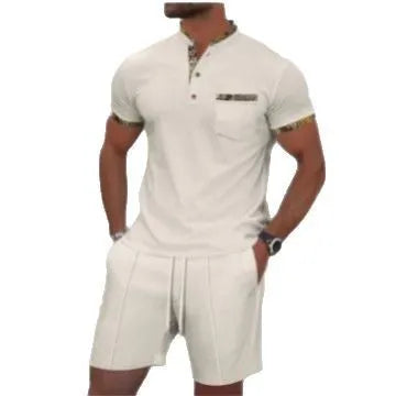 Men's grey waffle texture short sleeve zip-up polo suit with matching shorts laid flat.