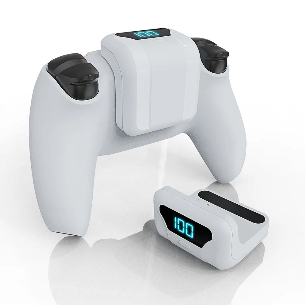 White PS5 handle back battery pack with LED display attached to a gamepad