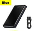Slim blue 3-in-1 magnetic wireless power bank showing dimensions and magnetic charging feature