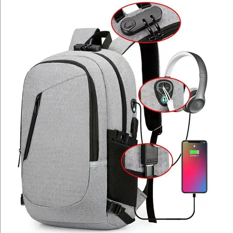 Grey Oxford cloth computer backpack with front pocket and adjustable straps, shown with laptop compartment open.