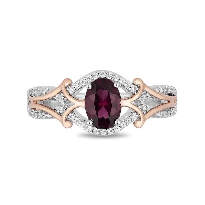 Micro inlaid zircon egg-shaped amethyst two-tone ring for women in copper, sizes 6 to 10.