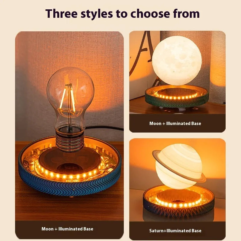 Small magnetic suspension moon lamp floating above its base on a table.