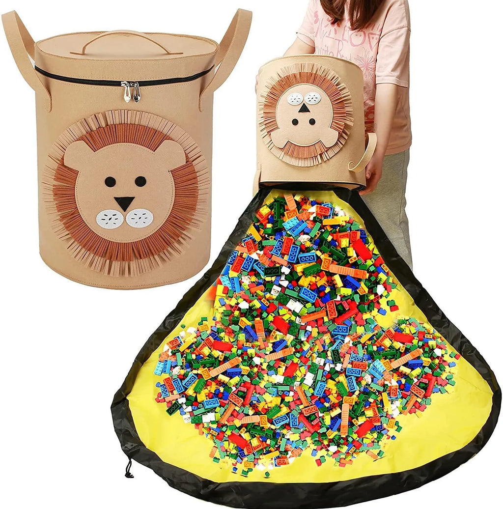 Green felt storage bag with pull rope that converts to toy play mat