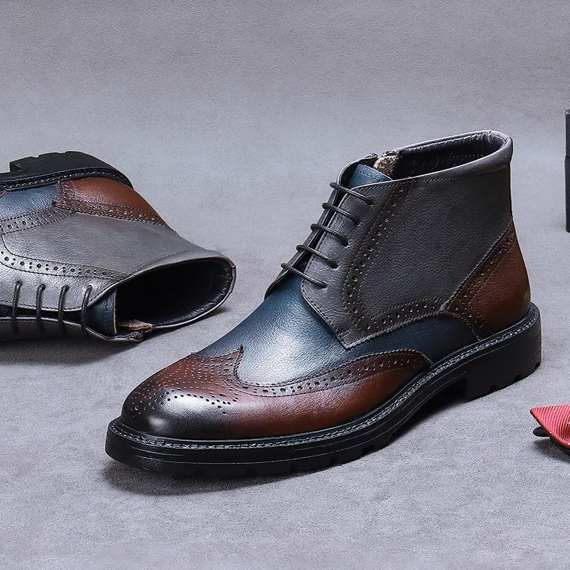 Men's coffee blue leather brogue boots with colour blocking and front lacing on a rubber sole.