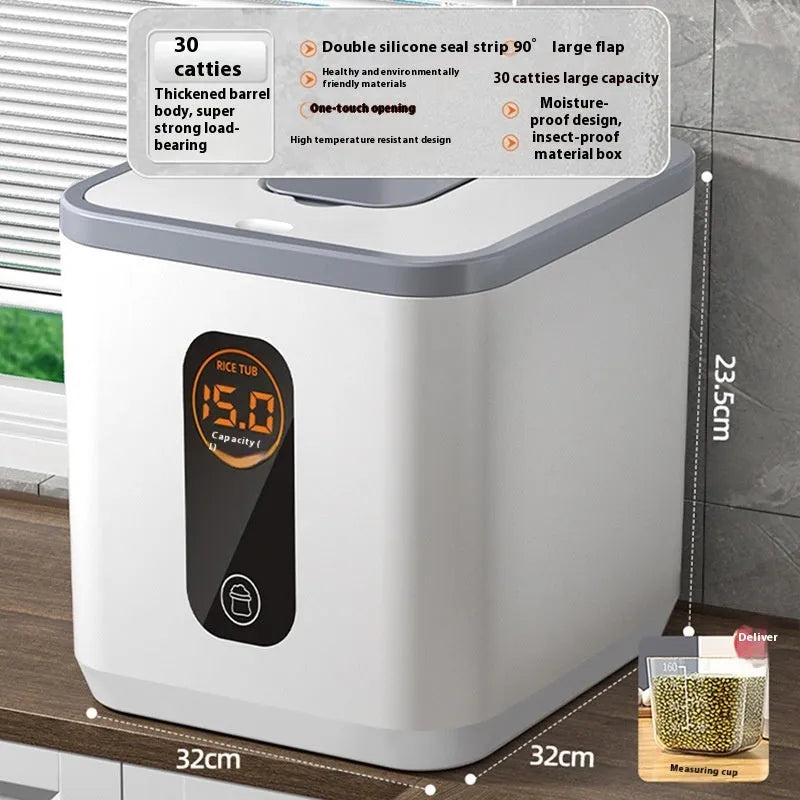 Grey plastic insect-proof rice storage jar with a measuring cup, shown in different size options.
